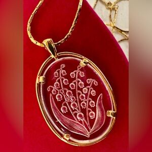 🌱🤍 Napier Lily of the Valley Etched Glass Pendant & Gold Tone Necklace